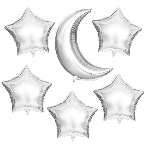 KatchOn, Big Silver Moon Balloon and Star Balloons - 22 Inch, Pack of 13 | Astronaut Space Balloons Set | Silver Star Balloons for Space Birthday Decorations | Space Birthday Decorations