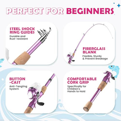 Kids Fishing Pole, Portable Telescopic Kids Fishing Poles for Boys Girls Youth, Fishing Rod and Reel Combo - color: Metallic Pink