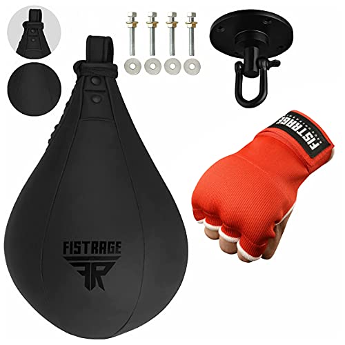 FISTRAGE Speed Ball Boxing Hand Wraps MMA Muay Thai Training Punching Dodge Striking Bag Leather Kit Hanging Swivel Workout Speedball Kicking with Mitt - color: Red, size: Small-Medium