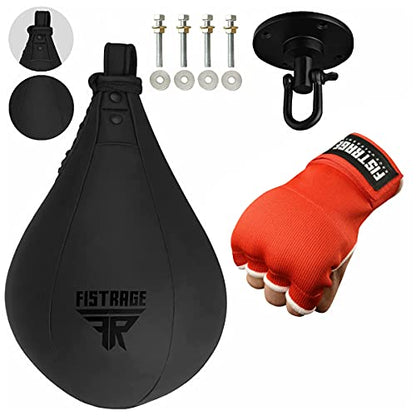 FISTRAGE Speed Ball Boxing Hand Wraps MMA Muay Thai Training Punching Dodge Striking Bag Leather Kit Hanging Swivel Workout Speedball Kicking with Mitt - color: Red, size: Small-Medium