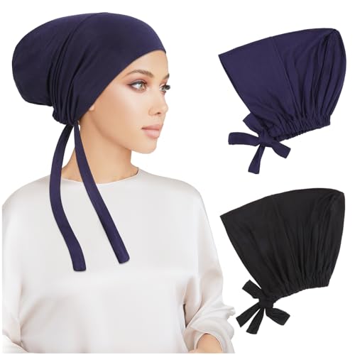 PHOGARY 2 Pcs Women Hijab Undercap, Islamic Muslim Under Hijab Cap Inner Under Scarf Hat Turban with Tie Back Closure - color: Black, Dark Navy