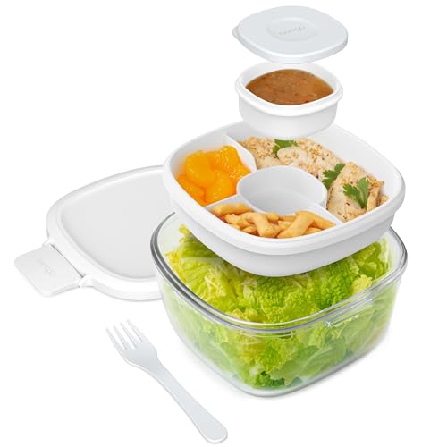Bentgo Glass Salad Container - 7.6-Cup Salad Bowl with Airtight Lid, Leak-Proof Sauce Container, 4-Compartment Bento Tray & Reusable Fork - BPA-Free for Meal Prep, Office & More (White) - color: White