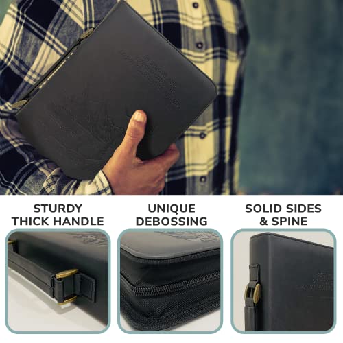 DEHITE Bible Cover Case for Men – Bible Carrying Case for Men – Black Large Holder – Bag Fits Book 10.1 x 7 x 1.9 in – Pen Slots – Zippered Pocket – Premium Faux Leather – Christian Gift - size: Large Black
