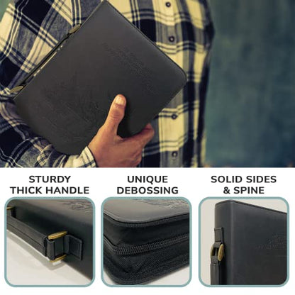 DEHITE Bible Cover Case for Men – Bible Carrying Case for Men – Black Large Holder – Bag Fits Book 10.1 x 7 x 1.9 in – Pen Slots – Zippered Pocket – Premium Faux Leather – Christian Gift - size: Large Black