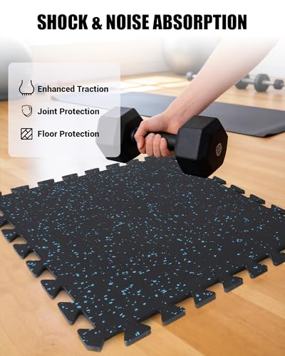 Garvee 0.56" Thick 48 Sq Ft Rubber Top Exercise Equipment Mats, 12 Tiles High Density EVA Foam Interlocking Gym Flooring for Home Gym, Non-Slip Waterproof Workout Mat, 24x24in, Black/Blue | High Density EVA Foam Interlocking Gym Flooring for Home Gym, Non