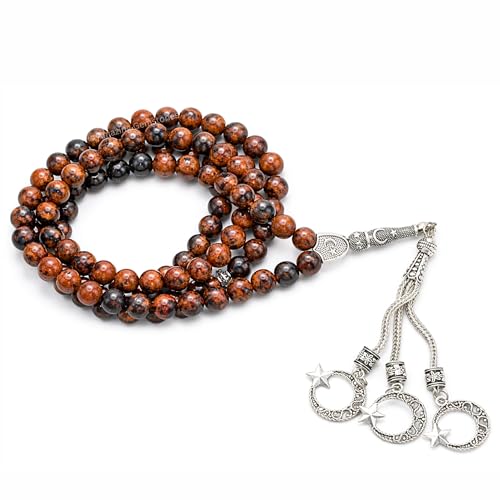 Amazing Gemstone Mahogany Obsidian Tasbeeh with Moon and Star Charm - Certified Crystal Muslim Prayer Beads Natural Gemstone Tasbih Gift for Ramadan Dhikr and Daily Namaz (S) - color: Mahogany Obsidian