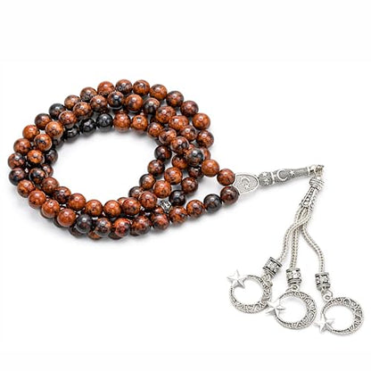 Amazing Gemstone Mahogany Obsidian Tasbeeh with Moon and Star Charm - Certified Crystal Muslim Prayer Beads Natural Gemstone Tasbih Gift for Ramadan Dhikr and Daily Namaz (S) - color: Mahogany Obsidian