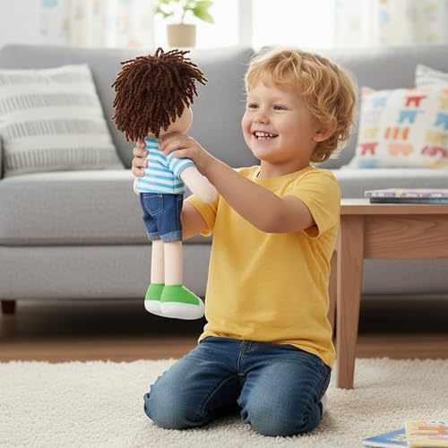 June Garden 14" Snuggle Cutie Benny – Best Big Brother Soft Plush Doll – Stuffed Boy Doll with Blue Striped Shirt and Green Shoes – Ideal Gift for Toddlers & Big Brother Celebrations - Blue M - color: 14" Big Brother Benny, size: Medium