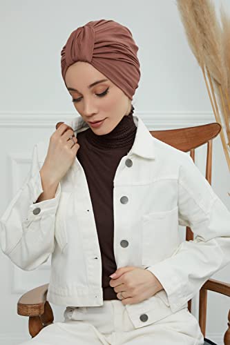 Aisha's Design Instant Turban Plain Cotton Scarf Head Wrap Lightweight Hat Bonnet Cap for Women - color: Caramel Brown