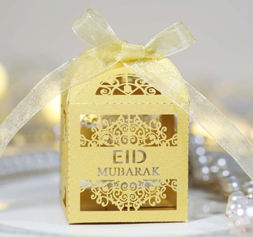 Steedna 50 Pack Square Chocolate Gift Box Hollow Out EID Wedding Party Favors Laser Cut Candy Boxes MUBARAK Party Favors Chocolate Box Ideal for Weddings, Birthdays & Anniversaries (Gold) - color: Gold