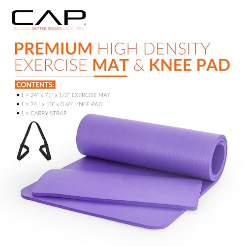 CAP Barbell 1/2-Inch High Density Exercise Yoga Mat with Strap | Multiple Options - color: Purple, style: Yoga Mat w/Knee Pad