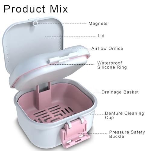 BVN Upgraded Leak Proof Denture Bath Cup with Strainer & Storage Compartment | Portable Soaking Case for Dentures, Braces and Travel Retainers - color: White+pink