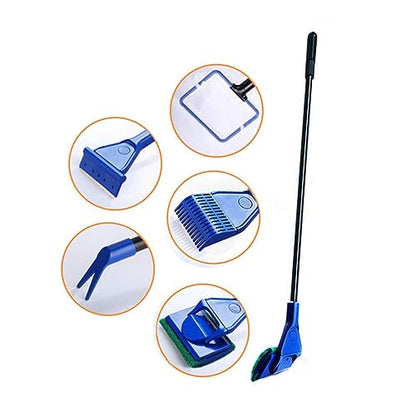 LIOOBO Five One Aquarium Fish Tank Brush Cleaning Kit Long Handle Fish Net Rake Scraper Clip for Effortless Cleaning of Aquariums Blue