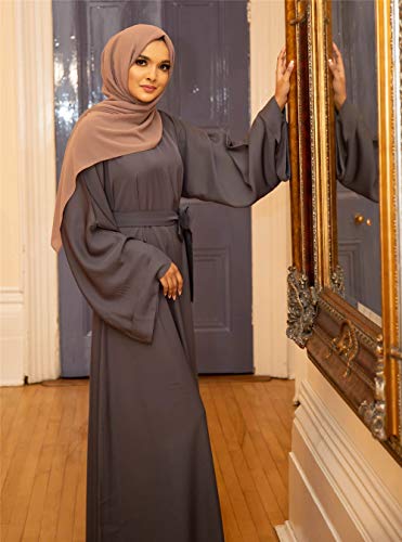 Casual Muslim Women's Long Dress Women Dubai Dress Kaftan Abayas Tie Front Islamic Abaya - color: Gray, size: Medium