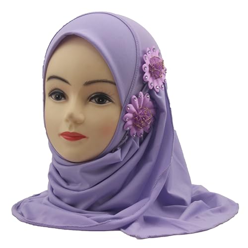 Soft Instant Hijab for Kids Girls Muslim Headscarf Islamic Scarf Shawl Wrap with Flowers - color: Lavander-2 Flowers