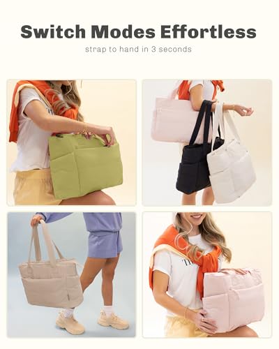Hynes Eagle Tote Bag for Women Quilted Travel Bag Lightweight Puffer Tote Shoulder Handbag with Compartments Work/Gym/Teacher - color: Camel