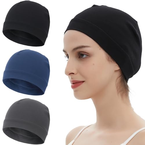 100% Cotton Skull Caps Beanie Bald Sleeping Hats for Men Women - color: 3pieces-black,dark Gray,navy