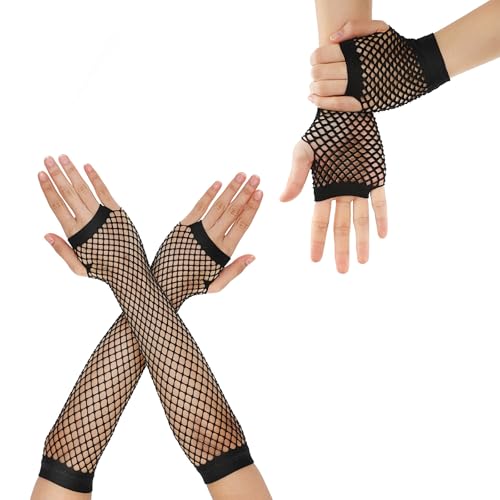 2 Pairs Black Fishnet Gloves Fingerless Fishnet Arm Sleeves | Long Short Mesh Gloves 80s Black Fish Net Arm Sleeves For Women And Girls Theme Party Costume Accessory