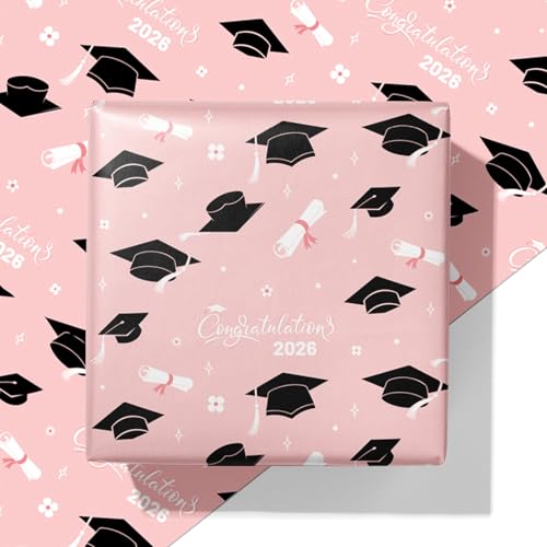 Cuitpan 2026 Graduation Wrapping Paper - 4 Jumbo Sheets,28x40 Inches, Pink Cap & White Diploma Design, Gift Wrap for Graduates, Graduation Parties, Seniors, School Events - color: Pink-Graduation