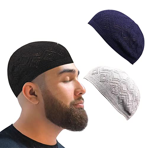 3Pcs Knitting Turkish Muslim Kufi Hats for Men Solid Color Stretch Crochet Caps Islamic Skull Caps Ramadan Eid Gifts(Black Gray Blue)