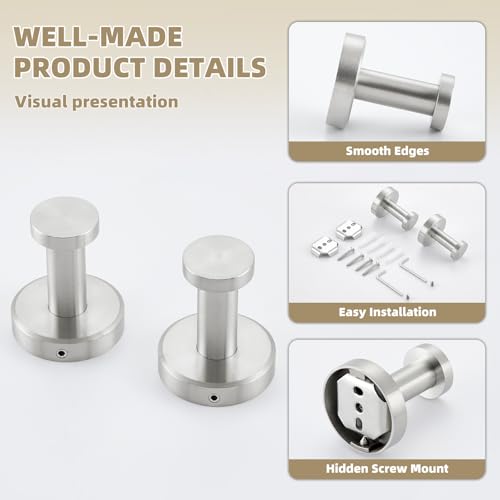 APLusee Brushed Nickel Bathroom Towel Hooks, 304 Stainless Steel Coat Hook 2 Pack, Heavy Duty Towel Hanger for Bathroom, Wall Mounted - color: Brushed Nickel, size: 2 Pack