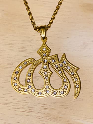 Allah Pendant Necklace – 14K Gold Finish Iced Out Religious Charm with Stainless Steel 3mm Rope Chain, Islamic Muslim Jewelry for Men & Women - size: 20" Necklace