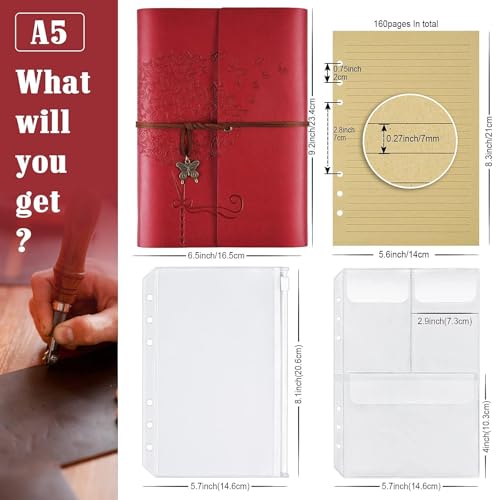 OMEYA Leather Journal Notebook, Refillable Writing Journal Diary Planner for Women Girls (Red, A5-9.3''×6.3'') - color: Red, size: A5-9.3''×6.3''