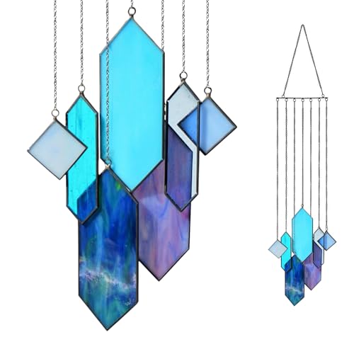 Blue Stained Glass Suncatcher, Modern Window Hanging Home Decor Artwork - color: Blue