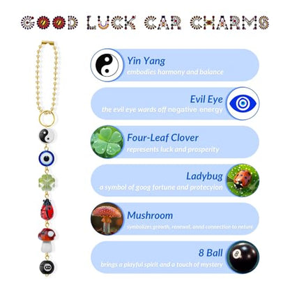Evil Eye 자동차 걸이 장식, 백미러용 귀여운 자동차 참, 네잎 클로버, 무당벌레, 공 8개, 버섯, 음양 심보 및 보헤미안 자동차 액세서리가 있는 행운의 장식