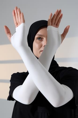 ihvan online, Hijab Sleeves for Women, Muslim Arm Sleeve for Prayer, Women's Soft Stretchy Modest Sleeves to Cover Arms - color: Beige-model 2