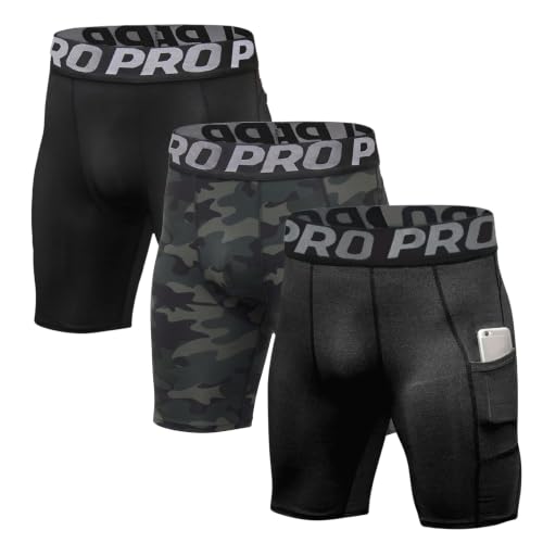 LANBAOSI Mens Compression Shorts with Phone Pocket Running Gym Yoga Athletic Tights Baselayer Summer Cool Dry Underwear Pack - color: Black+camo Green+dark Grey, size: Medium