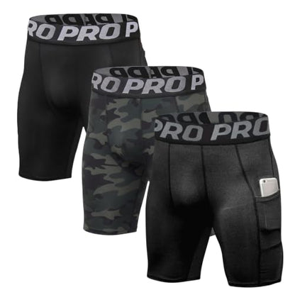 LANBAOSI Mens Compression Shorts with Phone Pocket Running Gym Yoga Athletic Tights Baselayer Summer Cool Dry Underwear Pack - color: Black+camo Green+dark Grey, size: Medium