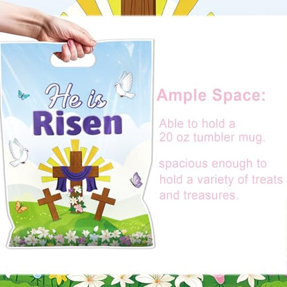 Falueqg Religious Easter Party Favor Bags - 100 Pcs He is Risen Happy Easter Goodie Candy Gift Bags Cross Rabbit First Communion Party Favors for Christian Spring Jesus Holiday Baptism Supplies - color: Easter