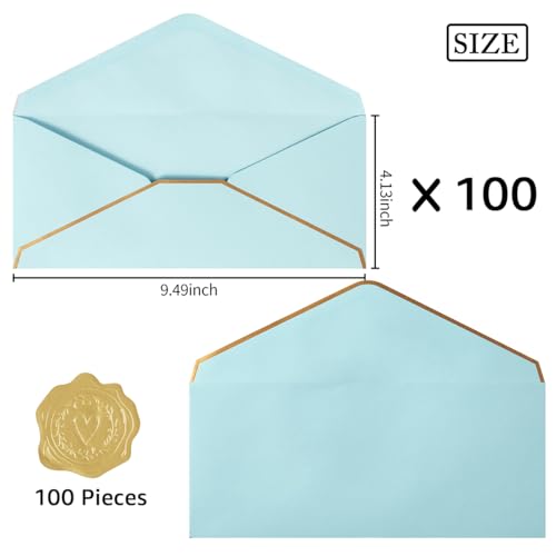 100 Pack #10 Business Envelopes with Gold Stickers, Light Blue - color: Light Blue