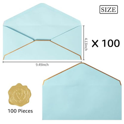 100 Pack #10 Business Envelopes with Gold Stickers, Light Blue - color: Light Blue