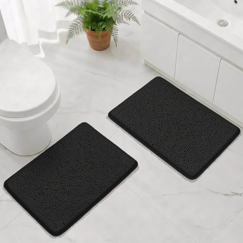 Bcoimo Bath Rug Mat Set,2 Piece Thick Absorbent Chenille Bathroom Mat Black - color: Black, size: 24×17 Plus 24×17