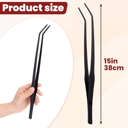 OIIKI 15 Inch Curved Kitchen Tweezers, Stainless Steel Polished Tongs, Long Tweezers with Precision Serrated Tips, Black Aquarium Tweezers, Multi-Function Tongs for Garden, Kitchen, Indoor, Outdoor