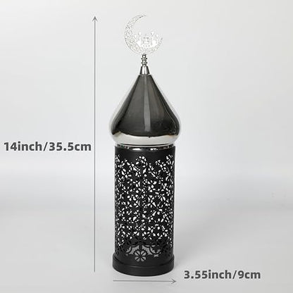 Moroccan Style LED Candle Lantern , 14 Inch Lantern Indoor for Ramadan Decorative Metal Lamp （Black）