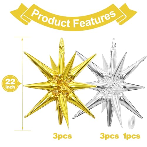 Gold Silver Star Balloons, 6PCS 22 Inch Foil Explosion Star Balloons - color: Gold Silver