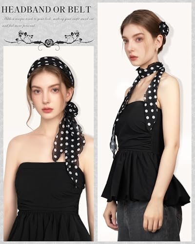 Chiffon Scarf for Women, Removable Flower Neck Scarf Light Soft Fashion Rose Scarves Versatile Headband or Hair Band - color: Polka Dot Black and White