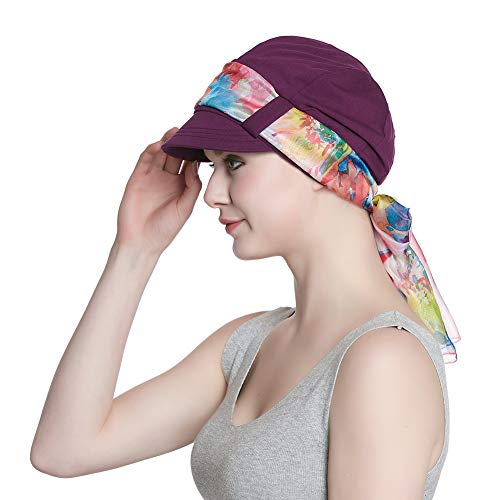 Alnorm Breathable Cotton Hat and Scarf Set Chemo Headwear for Women - color: Purple Floral