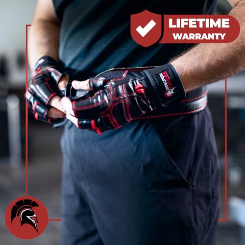 Dark Iron Fitness Genuine Leather Gym Gloves for Men Women, Wrist Wrap Support Workout Gloves for Weight Lifting Crossfit Deadlift Barbell Exercise Palm Padding Callus Protection Grips - size: X-Large