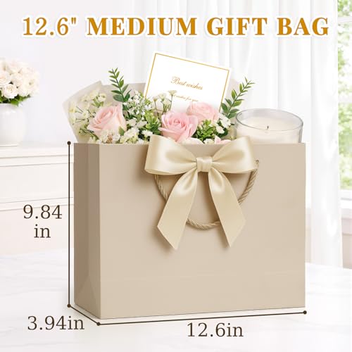 ANZNKU 2PCS Gift Bags Medium with Handles 4 Tissue Paper 2 Ribbons 2 Cards, Gift Wrap Bags for Women Wedding Bridal Baby Shower Birthday Graduation Engagement Presents Party Favors (Champagne Beige) - color: Champagne Beige
