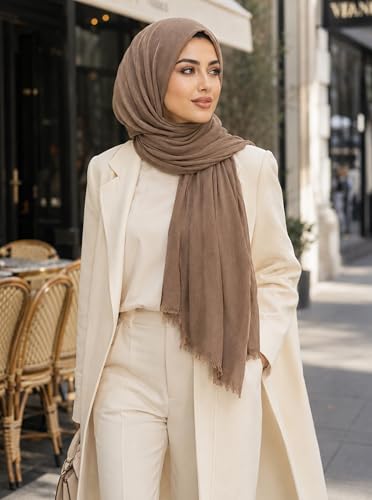 Cotton Linen Plain Hijab Scarf For Women,Muslim Viscose Crinkle Edge With Fringe,Summer Beach Wrap Headwraps Shawl - color: 34#camel