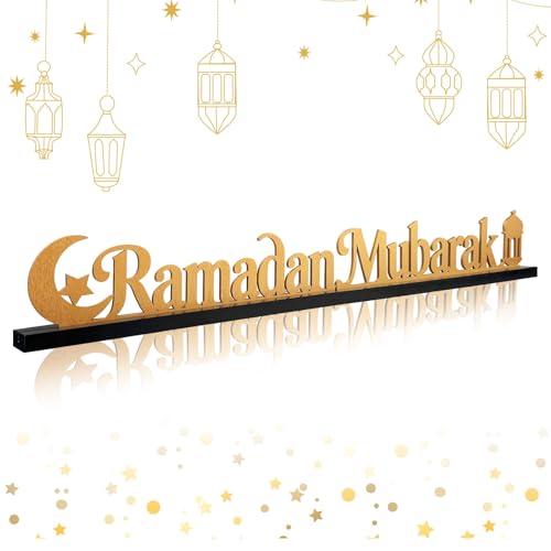 22 Inch Ramadan Mubarak Table Decor Wooden Ramadan Mubarak Sign Islamic Tabletop Centerpiece Eid Mubarak Decoration for Home Indoor Ramadan Party Desktop Display