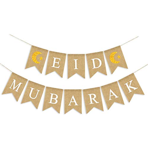 SWYOUN Burlap Eid Mubarak Banner Supplies with Glitter Moon and Star Signs Mantel Fireplace Decoration