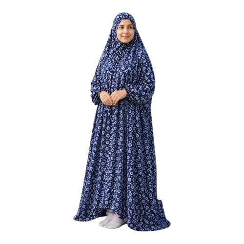 Women's Prayer Dress, One-Piece, Hibiscus Design, Lightweight, to be Worn Over Clothing, Free Size, 58 inch Front Length - color: Blue
