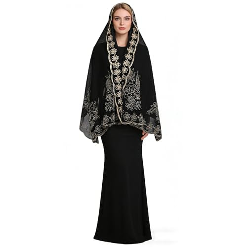 OhMill Black Hijab Scarf Soft Floral Embroidered Chiffon Headscarf Lightweight Lace Scarves Long Shawl Wrap for Women Wedding - color: Flower 2