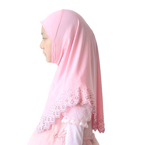 Girls Hijab with Rhinestones – Sparkly Non-Slip Amira Scarf for Kids, for Daily Prayer, School, Ramadan & Eid (Ages 4-12) - color: Pink