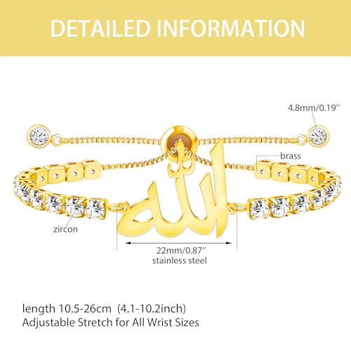 Allah Bracelet for Men and Women, Zircon Tennis Chain Adjustable Low Sensitivity Islamic True God Jewelry for Husband Wife Mom Dad's Religious Belief Gift - color: gold